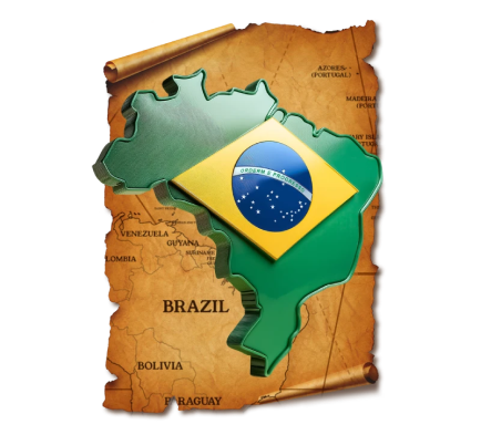 Pergaminho antigo com o mapa do Brasil em relevo e a bandeira brasileira